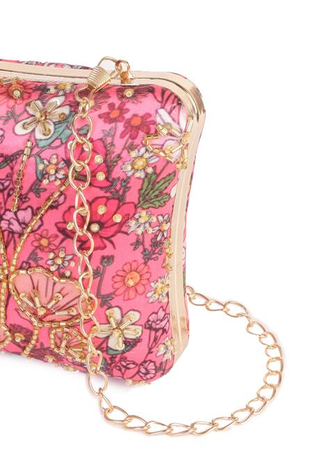 Shop_Nazaakat By Samara Singh_Pink Embroidery, Beads Floral Clutch With Sling 