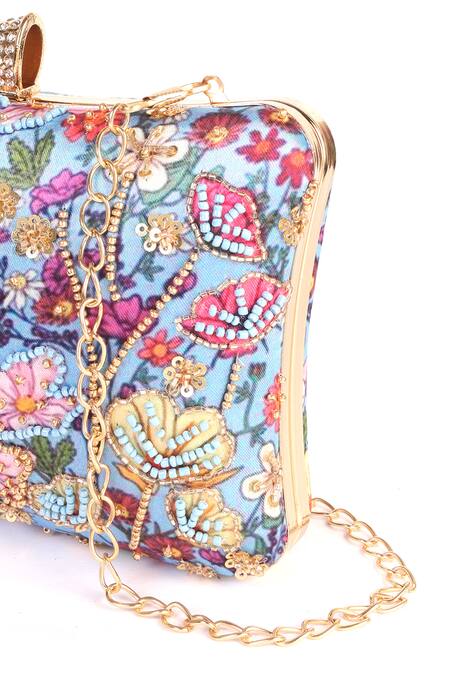 Shop_Nazaakat By Samara Singh_Multi Color Embroidery, Beads Floral Clutch Bag 