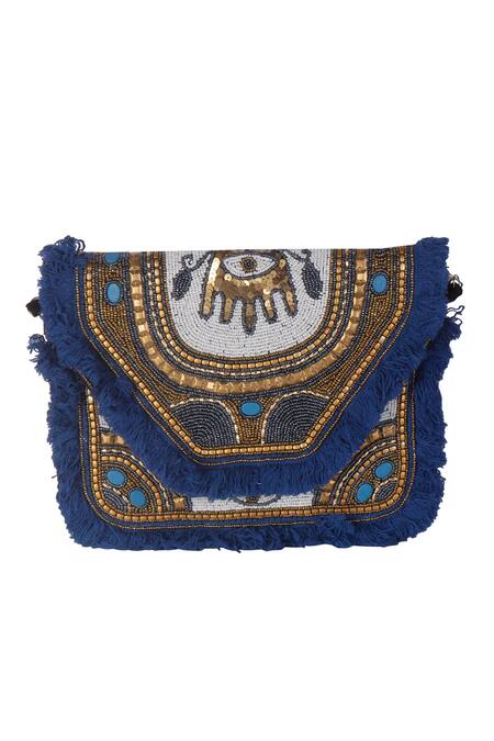 Shop_Nazaakat By Samara Singh_Blue Embroidery, Fringe Designer Embellished Handbag With Sling _Online_at_Aza_Fashions