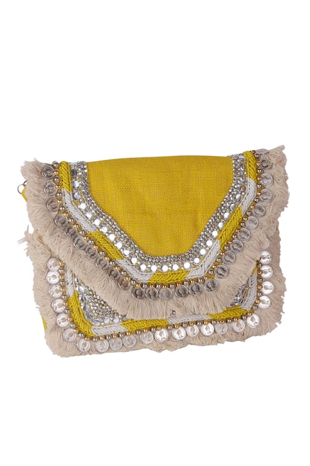 Shop_Nazaakat By Samara Singh_Yellow Sequins, Beads Embellished Silk Handbag _Online_at_Aza_Fashions