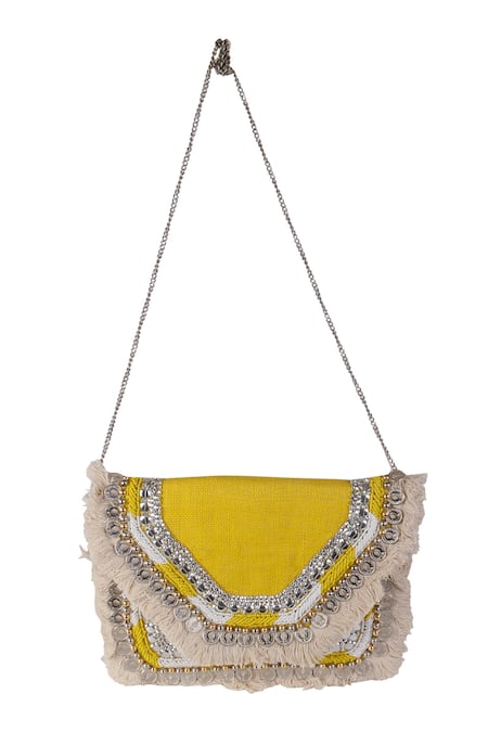 Nazaakat By Samara Singh Embellished Yellow Silk Handbag 