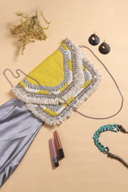Nazaakat By Samara Singh Embellished Yellow Silk Handbag 