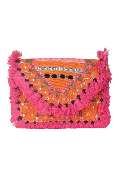 Shop_Nazaakat By Samara Singh_Peach Embroidery, Tassels Designer Handbag With Sling _Online_at_Aza_Fashions