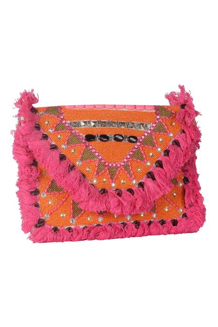 Nazaakat By Samara Singh_Peach Embroidery, Tassels Designer Handbag With Sling _at_Aza_Fashions