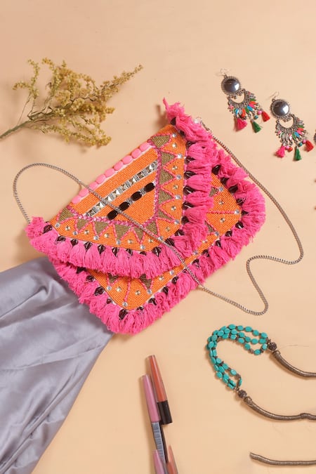 Samyukta Singhania Peach Embroidery, Tassels Designer Handbag With Sling 