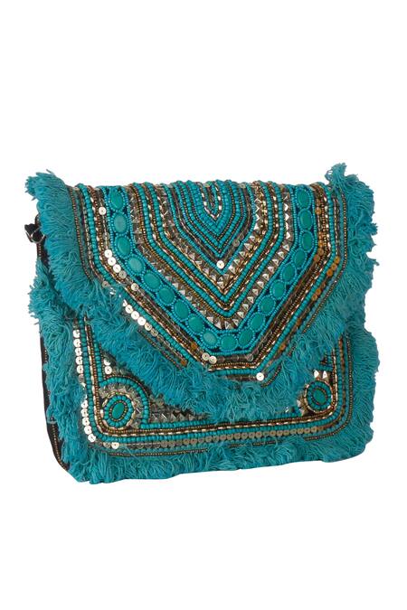 Nazaakat By Samara Singh_Green Beads, Sequins Fringe Embellished Designer Handbag _at_Aza_Fashions