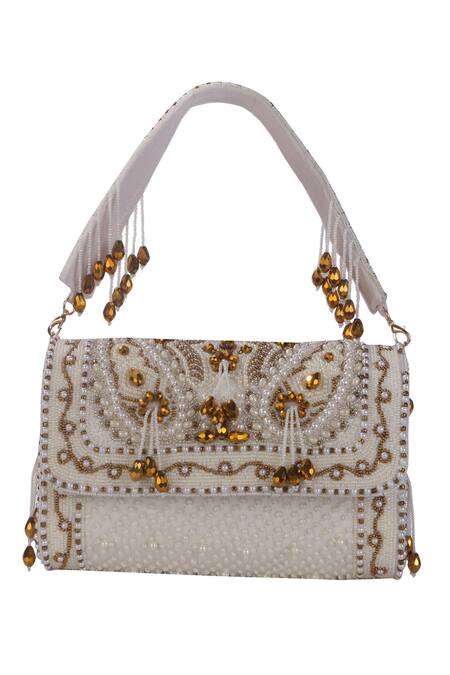 Nazaakat By Samara Singh_Off White Beads, Sequins Beaded Designer Handbag With Detachable Handle _at_Aza_Fashions