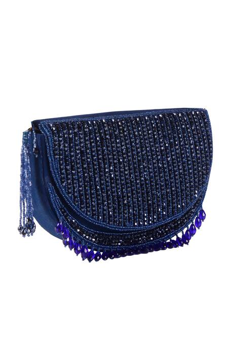 Nazaakat By Samara Singh_Blue Beads, Tassels Beaded Silk Handbag_at_Aza_Fashions