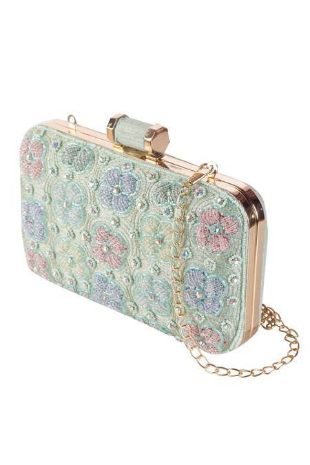 Buy_Nazaakat By Samara Singh_Green Embroidery, Beads Floral Clutch With Sling _Online_at_Aza_Fashions