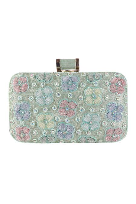 Nazaakat By Samara Singh_Green Embroidery, Beads Floral Clutch With Sling _at_Aza_Fashions