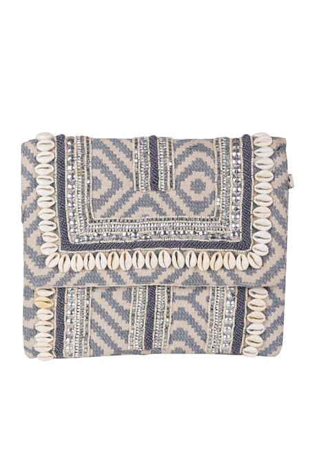 Shop_Samyukta Singhania_Gray Beads Designer Silk Handbag With Detachable Sling _Online_at_Aza_Fashions