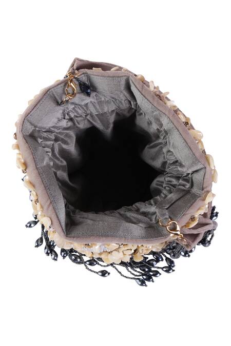 Nazaakat By Samara Singh_Gray Beads Designer Silk Potli Bag With Handle _at_Aza_Fashions