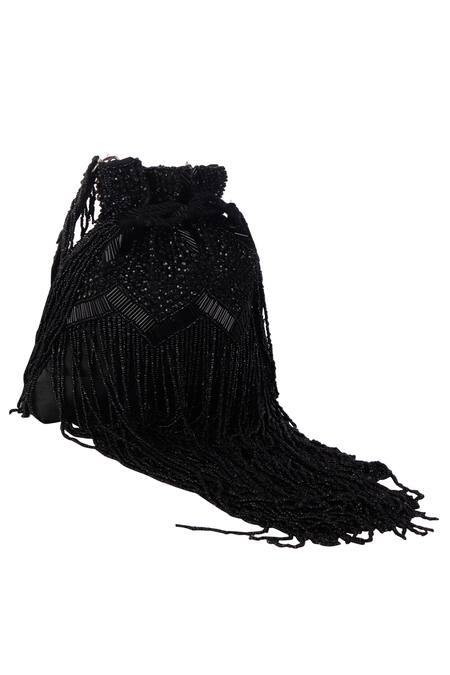 Buy_Nazaakat By Samara Singh_Black Beads, Fringe Designer Silk Potli Bag _Online_at_Aza_Fashions