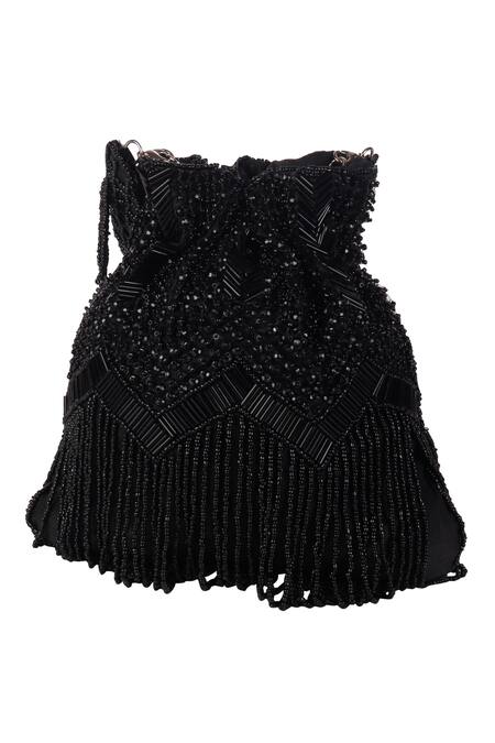 Shop_Nazaakat By Samara Singh_Black Beads, Fringe Designer Silk Potli Bag _Online_at_Aza_Fashions