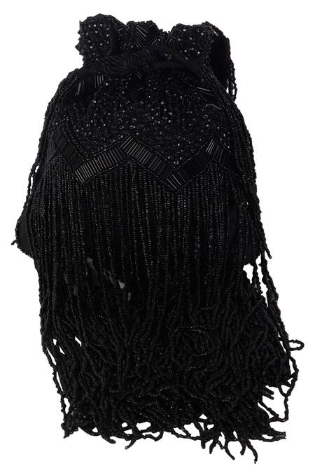 Nazaakat By Samara Singh_Black Beads, Fringe Designer Silk Potli Bag _at_Aza_Fashions