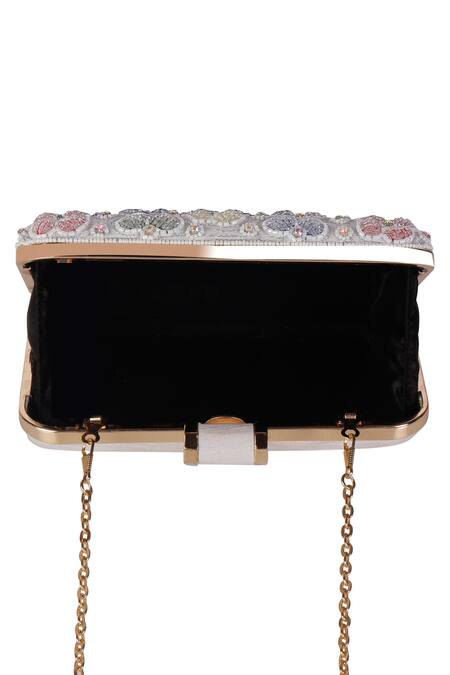 Nazaakat By Samara Singh_Ivory Embroidery, Rhinestones Floral Clutch With Sling_Online_at_Aza_Fashions