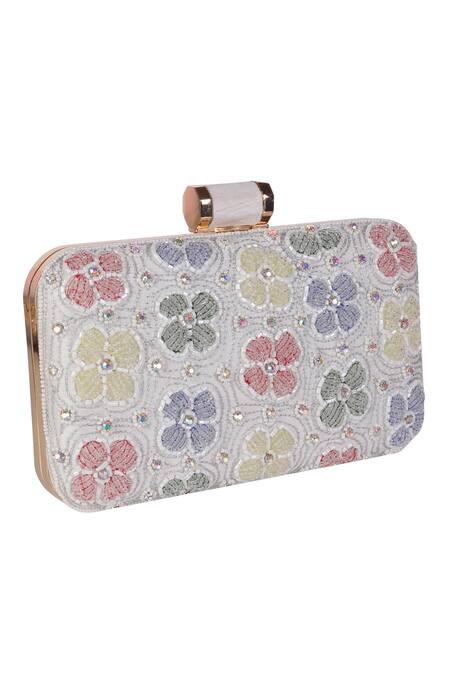Nazaakat By Samara Singh_Ivory Embroidery, Rhinestones Floral Clutch With Sling_at_Aza_Fashions