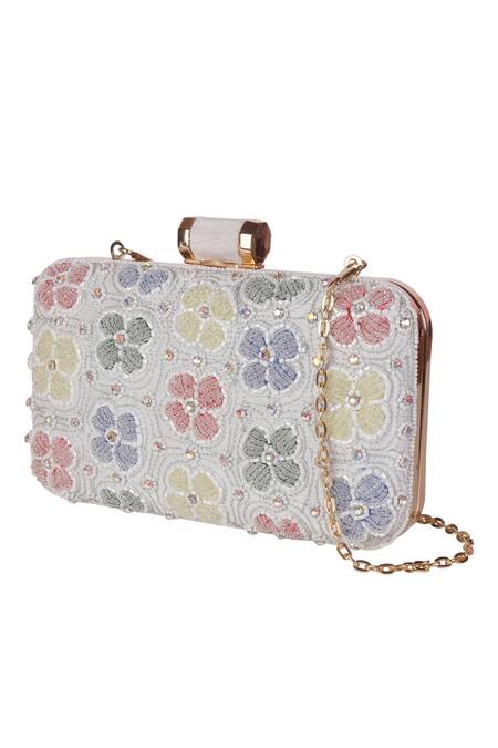 Buy_Nazaakat By Samara Singh_Ivory Embroidery, Rhinestones Floral Clutch With Sling