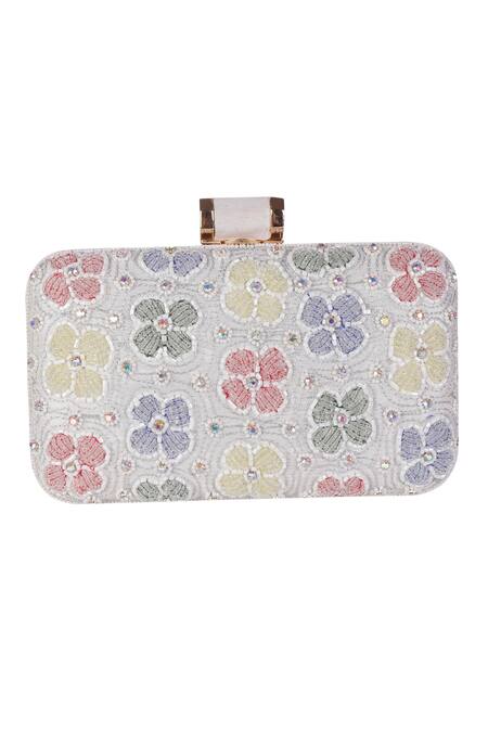Shop_Nazaakat By Samara Singh_Ivory Embroidery, Rhinestones Floral Clutch With Sling
