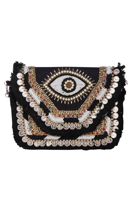 Shop_Nazaakat By Samara Singh_Black Sequins, Beads Embroidered Silk Handbag _Online_at_Aza_Fashions