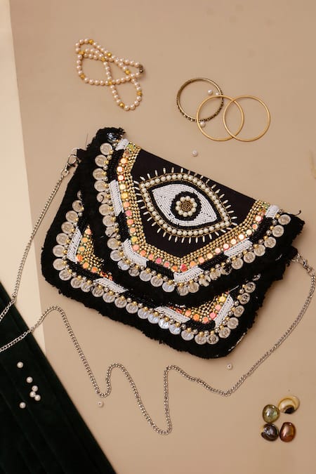 Nazaakat By Samara Singh Embroidered Black Silk Handbag 