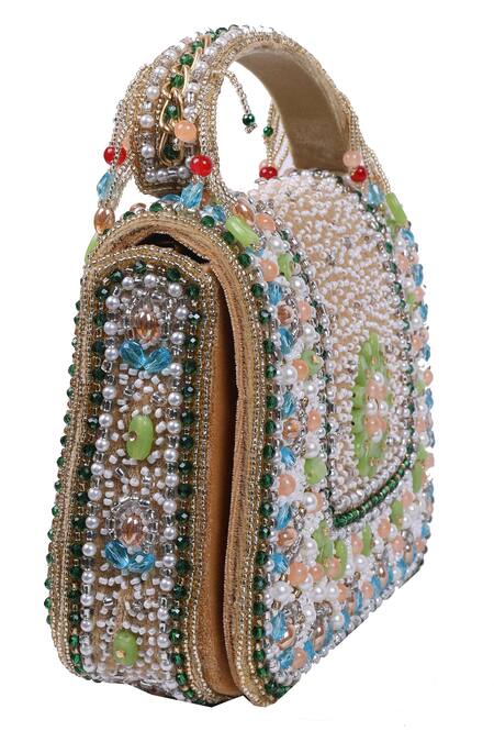 Shop Nazaakat By Samara Singh Peach Beads, Embroidery Embellished Silk Handbag Shop_Nazaakat By Samara Singh_Peach Beads, Embroidery Embellished Silk Handbag