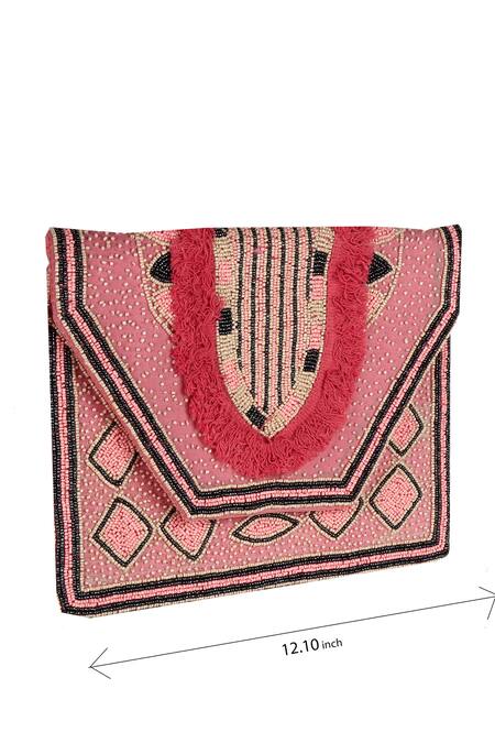 Nazaakat By Samara Singh_Pink Beads, Fringe Designer Silk Handbag With Sling _Online_at_Aza_Fashions