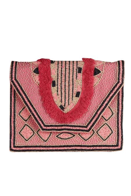Shop_Nazaakat By Samara Singh_Pink Beads, Fringe Designer Silk Handbag With Sling _Online_at_Aza_Fashions