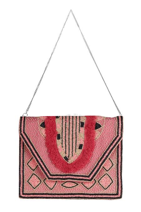 Nazaakat By Samara Singh Designer Pink Silk Handbag With Sling 