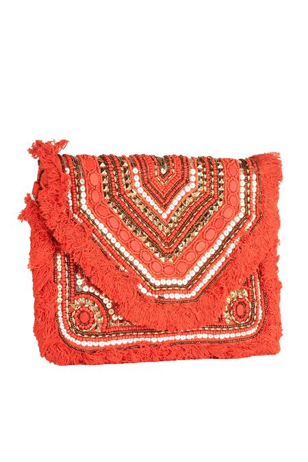 Nazaakat By Samara Singh_Red Beads, Sequins Silk Designer Handbag _Online_at_Aza_Fashions