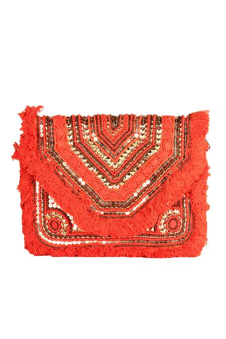 Shop_Nazaakat By Samara Singh_Red Beads, Sequins Silk Designer Handbag _Online_at_Aza_Fashions