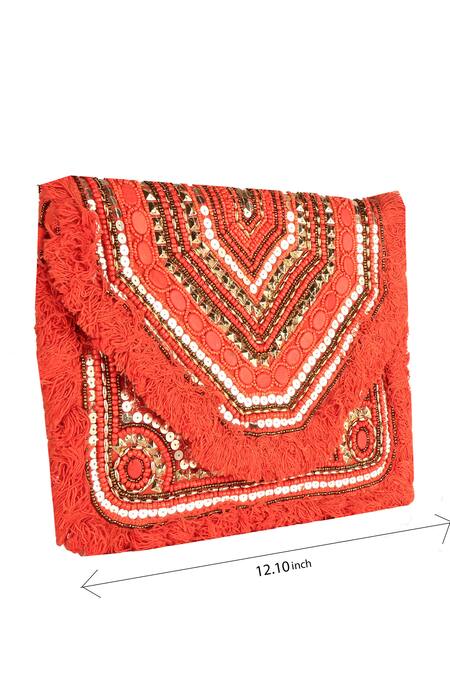 Nazaakat By Samara Singh_Red Beads, Sequins Silk Designer Handbag _at_Aza_Fashions
