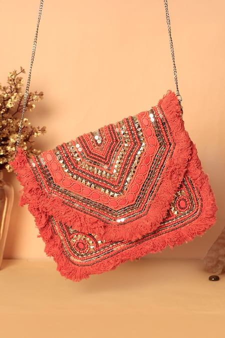 Samyukta Singhania Red Beads, Sequins Silk Designer Handbag 