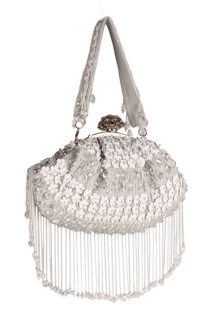 Nazaakat By Samara Singh_Off White Applique, Beads Designer Silk Handbag With Detachable Handle_Online_at_Aza_Fashions