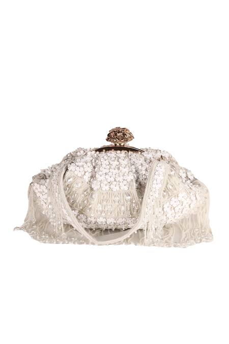 Nazaakat By Samara Singh_Off White Applique, Beads Designer Silk Handbag With Detachable Handle_at_Aza_Fashions