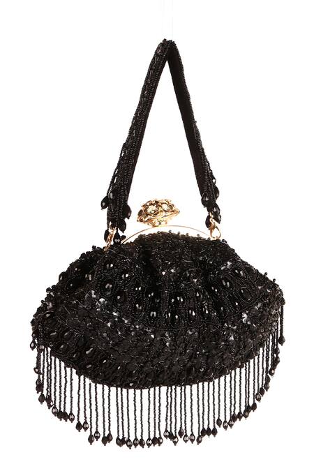 Nazaakat By Samara Singh_Black Beads, Fringe Designer Silk Handbag With Detachable Handle _Online_at_Aza_Fashions