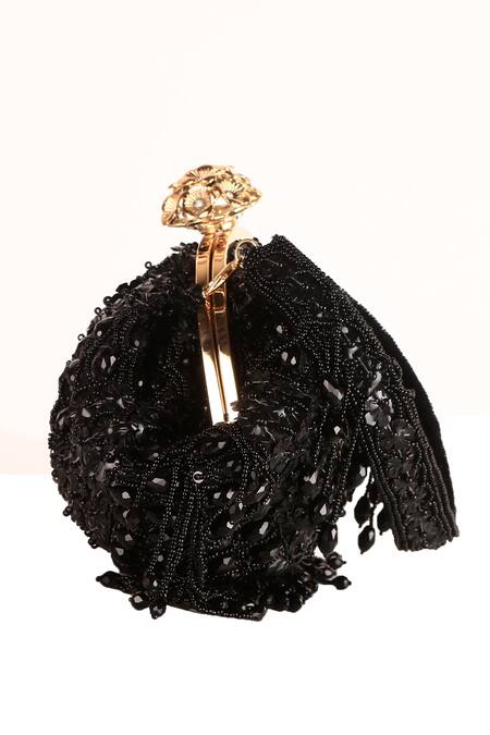 Shop_Nazaakat By Samara Singh_Black Beads, Fringe Designer Silk Handbag With Detachable Handle _Online_at_Aza_Fashions