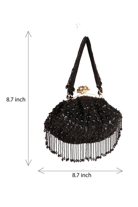 Nazaakat By Samara Singh_Black Beads, Fringe Designer Silk Handbag With Detachable Handle _at_Aza_Fashions