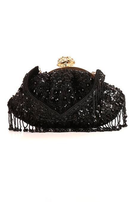 Buy_Nazaakat By Samara Singh_Black Beads, Fringe Designer Silk Handbag With Detachable Handle 