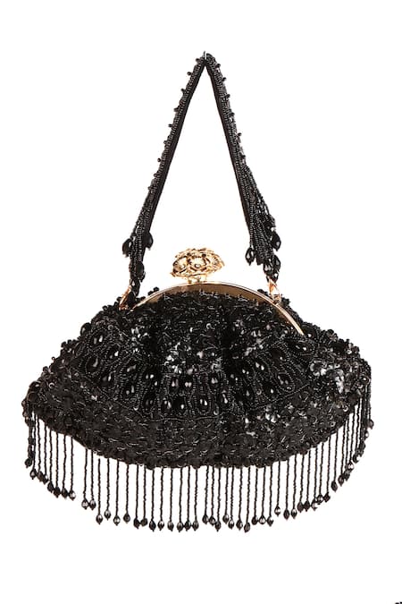 Nazaakat By Samara Singh Designer Black Silk Handbag with Detachable Handle 