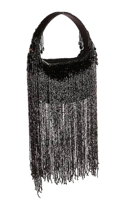 Nazaakat By Samara Singh Fringe Black Silk Handbag 