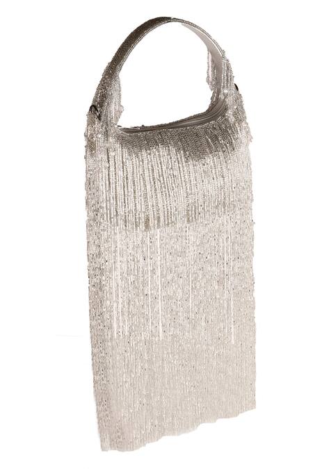 Shop_Nazaakat By Samara Singh_Silver Beads, Fringe Designer Silk Handbag _Online_at_Aza_Fashions