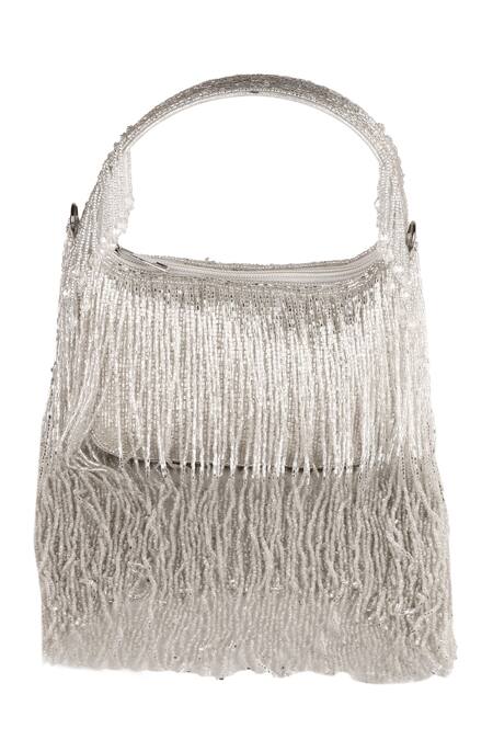 Nazaakat By Samara Singh_Silver Beads, Fringe Designer Silk Handbag _at_Aza_Fashions