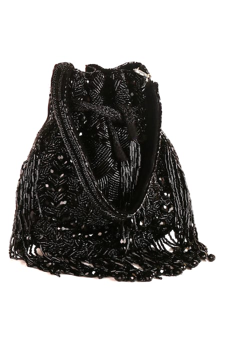 Nazaakat By Samara Singh_Black Beads, Fringe Beaded Silk Handbag _Online_at_Aza_Fashions