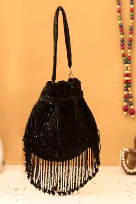 Nazaakat By Samara Singh Beaded Black Silk Handbag 