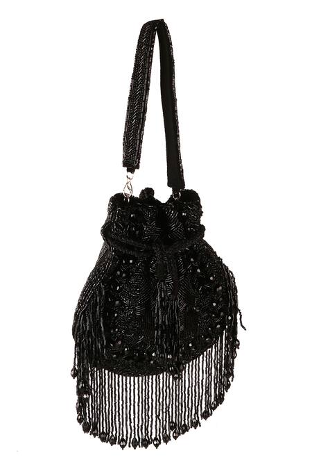 Buy_Nazaakat By Samara Singh_Black Beads, Fringe Beaded Silk Handbag 