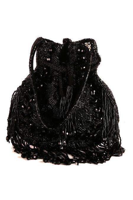 Shop_Nazaakat By Samara Singh_Black Beads, Fringe Beaded Silk Handbag 