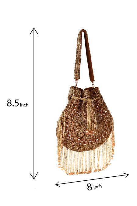 Nazaakat By Samara Singh_Brown Beads, Fringe Designer Silk Handbag _Online_at_Aza_Fashions