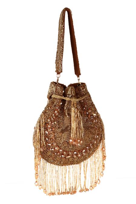 Buy_Nazaakat By Samara Singh_Brown Beads, Fringe Designer Silk Handbag _Online_at_Aza_Fashions