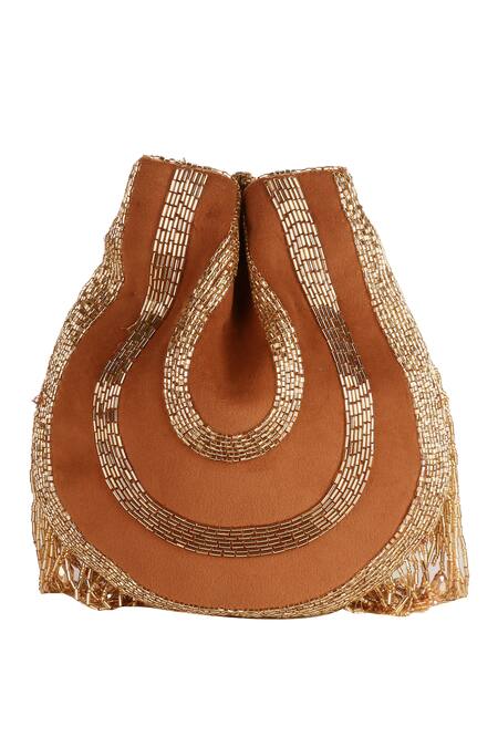 Nazaakat By Samara Singh_Brown Beads, Fringe Designer Silk Handbag _at_Aza_Fashions
